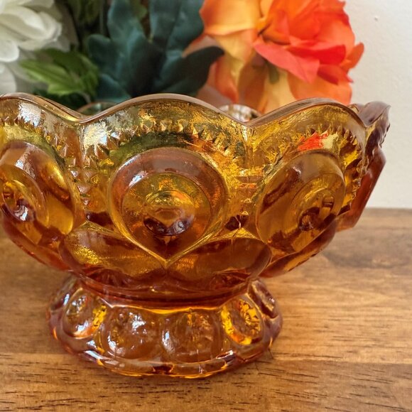 LE Smith Moon and Stars Amber Bowl Vintage Pressed Glass Scalloped‎ Edge Compote - Picture 3 of 5